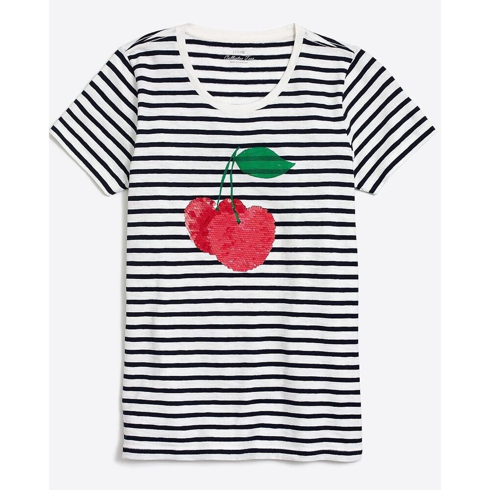 J Crew Collectors Tees Black White Striped Short Sleeve Sequin Cherries XL